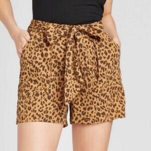 A New Day Shorts Womens S Brown Leopard Print Paperbag Tie Waist Pockets Safari
